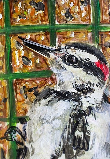 ORIGINAL ACEO PAINTING Hairy WOODPECKER Spring BIRD Suet Animal Nature ATC ART