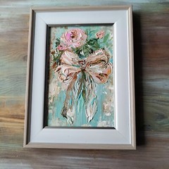 Original Oil Painting Pink Bow and Rose Art Miniature Signed Art 6×4 in