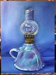 Original oil painting Blue ceramic antique Oil Lamp still life unframed 9”x12 “