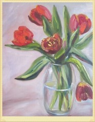 tulips original oil painting, bouquet red tulips in vase, painting on canvas