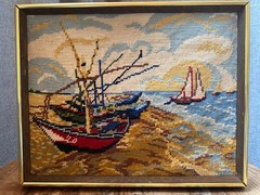 1970s Completed Needlepoint Fishing Boats -Van Gogh MCM Costal Framed Wall Art