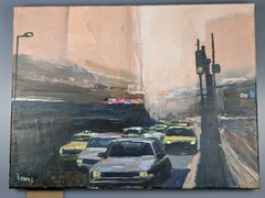 Original Dennis Nash 1947-2016British Acrylic Painting Canvas New York Taxi Rain