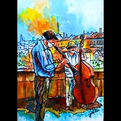 ACEO Original Street Musicians in Prague Music Pop Art Acrylic Hand Painting NEW