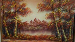 Orange Autumn Forest Lake Mountain Vintage Oil Canvas Painting Signed Sandy