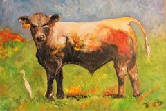 White Egret and the Bull. 24x36x1 inch canvas oil textured painting.