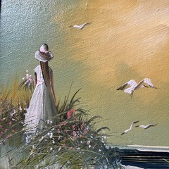 Vintage Original Oil Painting Canvas Framed SeagullGirl Seashore J.Fenton 13”x11