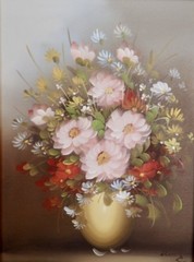 Signed Still Life with Gold Vase & Flower Bouquet in 21×17 Gilded Wood Frame