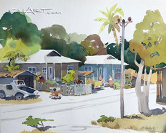 1960s ORANGE COUNTY, CA URBAN SCENE WATERCOLOR PAINTING – AMERICAN NARRATIVE ART