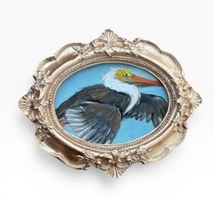 Flying Pelican mini bird print of original painting • vintage ornate frame