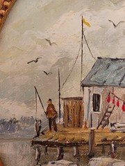 Original Painting Ocean Pier w Boats Fisherman Painted Gold Frame Strandberg Sea