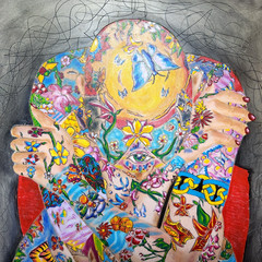 Tattooed nude bald woman chair painting human figure etched art colorful gallery