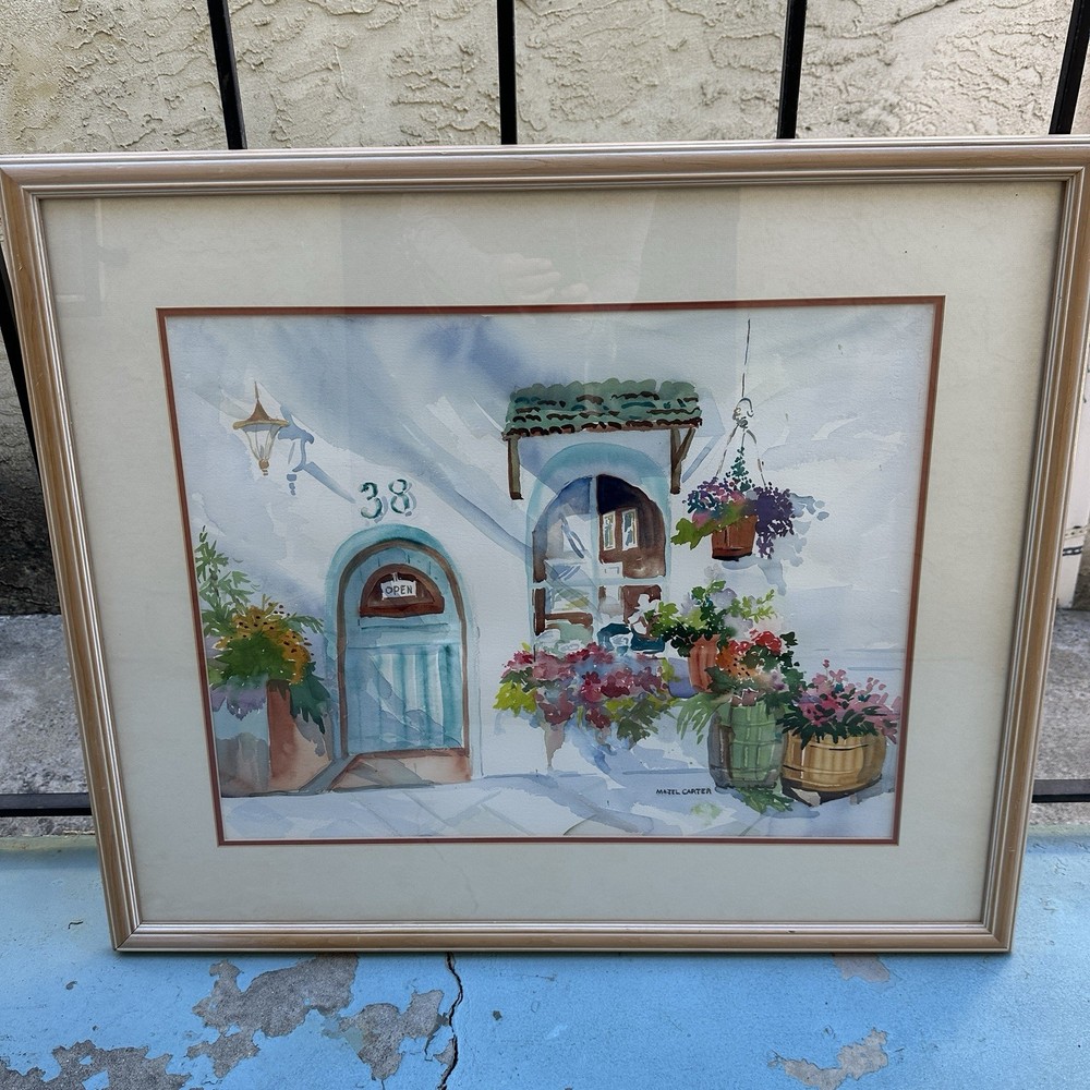 Majel Carter Original Watercolor Framed 34×29 Mediterranean Doorway Flowers Art