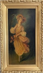 Antique Oil Portrait Young Woman European Lady Gilt Frame 19th Century