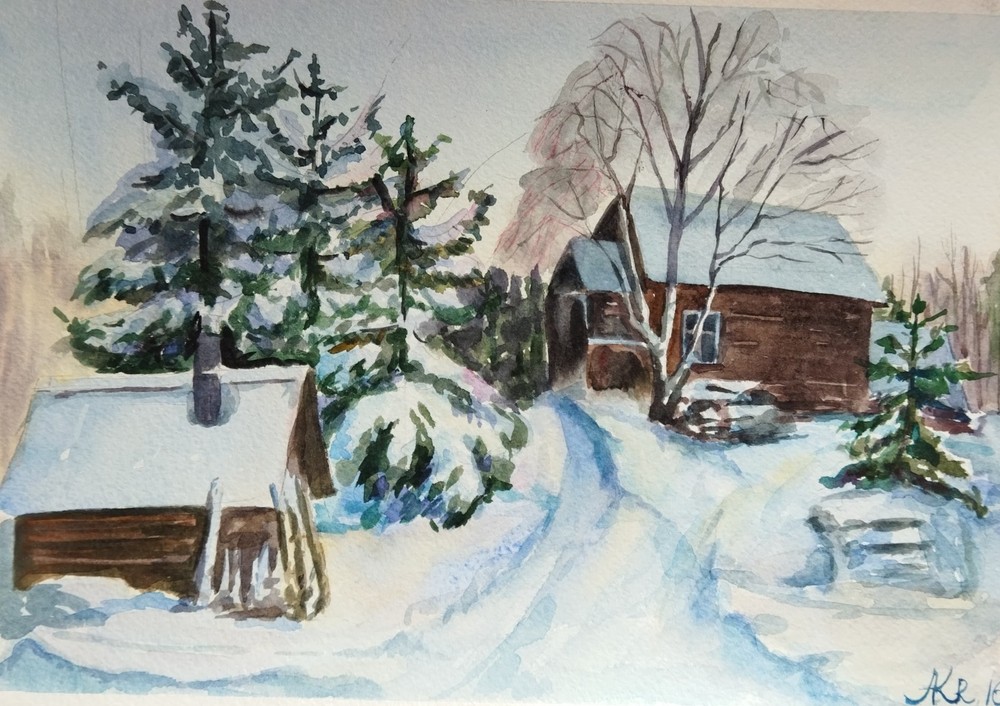 Winter Village painting, Original landscape art, Watercolor snowy wall art