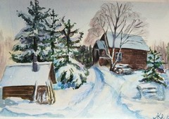 Winter Village painting, Original landscape art, Watercolor snowy wall art