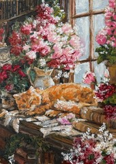 Orange Cat Original Art Still Life Wall Art Animal Oil Pastels Art Flowers Art