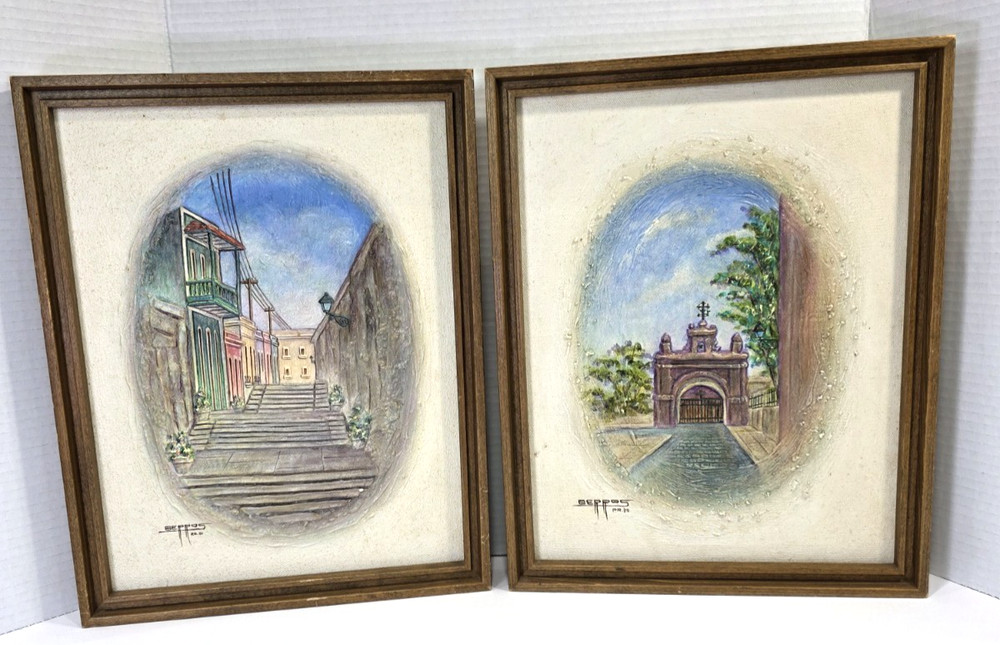 Berros Puerto Rico Acrylic Painting Textured on Canvas Lot of 2 Vintage ’80s