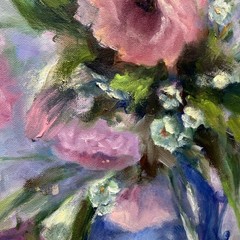 Original Floral Still Life Oil Painting Canvas Framed Pink Roses Blue Vase Cup