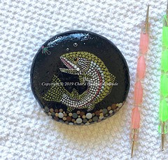 Original Dot Painted Stone Whimsical Olive Rainbow Trout by Cheryl Andrade