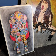 Tattooed nude bald woman chair painting human figure etched art colorful gallery