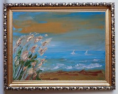Framed Calm Seascape Sailboats Coastal Reeds Seashore 6×8” Oil Painting Original