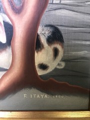 Vintage Japanese French Foussa Itaya 1919-1972 Girl Flute Animals Oil Painting