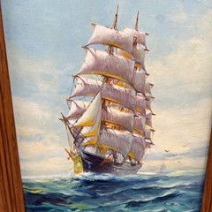 Vintage Seascape Oil Painting Signed HUMBERTO SILVA FERNANDES Ship Sail Frame