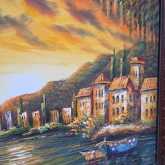Vtg Original Painting Oil Or Acrylic On Canvas Ocean Coastal Town Village Signed