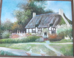 Vintage Signed Domina Original Oil Painting Thatched Cottage English 12 x 14