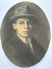 ANTIQUE DRAWING ANTIQUE PORTRAIT MAN WITH HAT MEN SIGNED MYSTERY ARTIST 1920’S