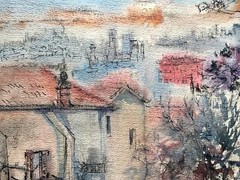 1962 Eliane Diverly Watercolor Painting French Impressionism Cityscape Signed