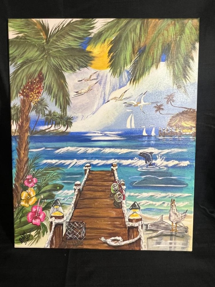 Vintage Nautical Beach Coastal Landscape Painting Seagulls Boat Dock Palm Trees
