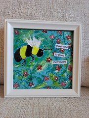 Bee In the Meadow Of Pink Flowers. 6X6 Framed Original Acrylic Art „TAKE TIME“