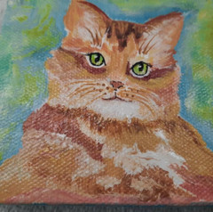 Orange tabby cat kitten Art painting 4×4 Jan Farr yellow signed W/stand