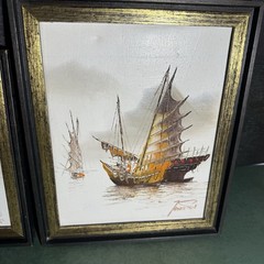 2 Vintage Asian Junk Boat Wall Art Pair Signed Framed nautical wall decor
