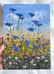 Summer ORIGINAL OIL PAINTING Village Landscape Field Wildflowers ART 5 x 7 in