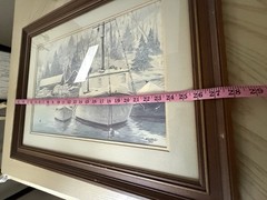 Old Watercolor Winter Marina Boat Signed Maurice Day (1893-1983) Framed 21×28”