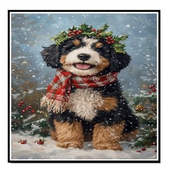 Bernedoodle Holly Berries Wreath Dog Canvas for Christmas Winter Farmhouse Decor