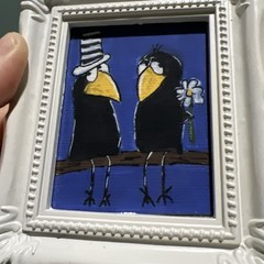 Print Of My Art Crow Raven Love funny,cute,miniature Painting,small, framed