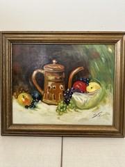 ‘76 Corrinne Hellman Still Life Oil Painting. Framed 24”x 20”. See pics.