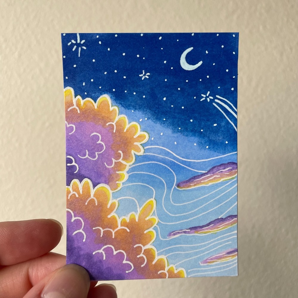 ACEO Original Mini Colorful Art Card Moon & Sky Series #4/8, Fluffy Clouds OOAK