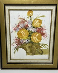 Vintage Wooden Framed Oil Painting on Canvas, Flowers – Artist Signed By M. Rund