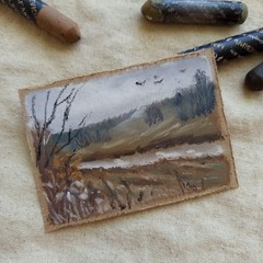 ACEO Original Autumn River Countryside Landscape Moody Oil Pastel Fall Miniature