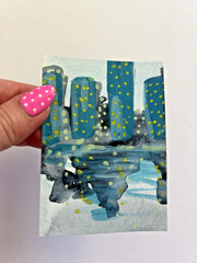 ACEO Original – City Scape NYC water reflection bright lights Sawyer Crane Art