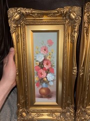Robert Cox Original Oil Painting Flowers Vase Signed Gold Frame Vintage Pair