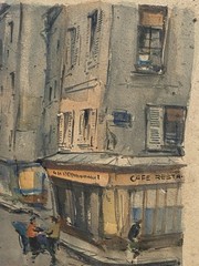 Henri Lamy 1966 Paris Watercolor “Rue Bievre” French Street Scene Signed Framed