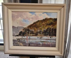 Martindale California Impressionist Harbor Scene w/ Sailboats at Rest 22″ X 26″
