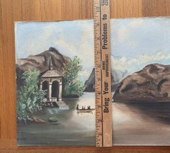 Vtg Oil Painting of Chapel Gazebo on a Swiss River on Slate Board Water Mountain