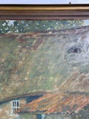 Antique European Oil On Wood Panel Thatched Cottage Landscape Signed Ornate Fram