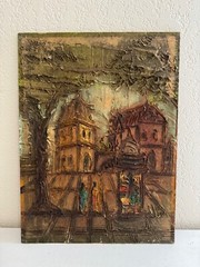 Vintage Impasto Painting of Figures & Buildings